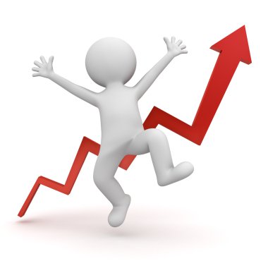 Çok mutlu 3d adam kırmızı büyüme grafik ile beyaz arka plan üzerinde izole kavramı kutlama