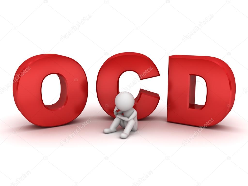 3d man sitting with red ocd text or Obsessive compulsive disorder anxiety symptoms
