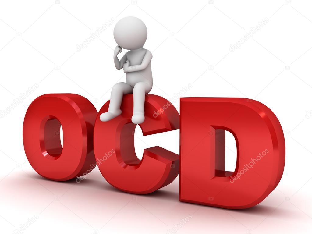 3d man sitting on red ocd text or Obsessive compulsive disorder anxiety symptoms