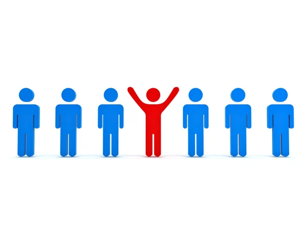 Stand out from the crowd and different concept , Red man standing with arms wide open with other blue people over white — Stock Photo, Image