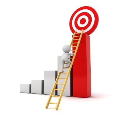 3d adam başarılı grafik üzerine kırmızı hedef için merdiven tırmanma, izole iş hedef kavramı üzerinde beyaz