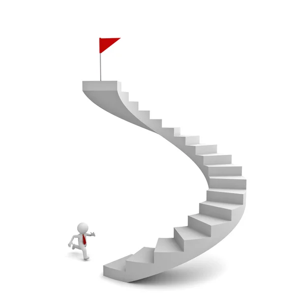 3D ο άνθρωπος των επιχειρήσεων που τρέχει να την κόκκινη σημαία στην κορυφή της τις σκάλες πάνω από λευκό — Φωτογραφία Αρχείου