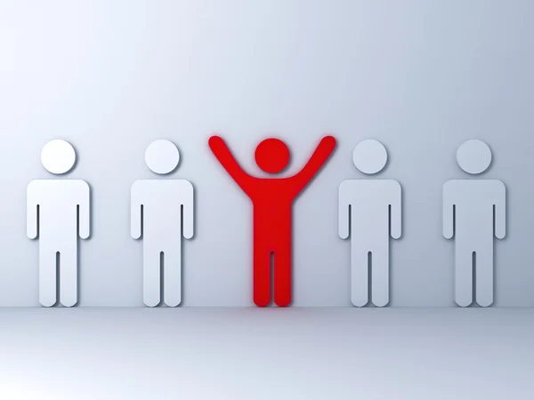Stand out from the crowd and different concept , One red man standing with arms wide open with white — Stock Photo, Image