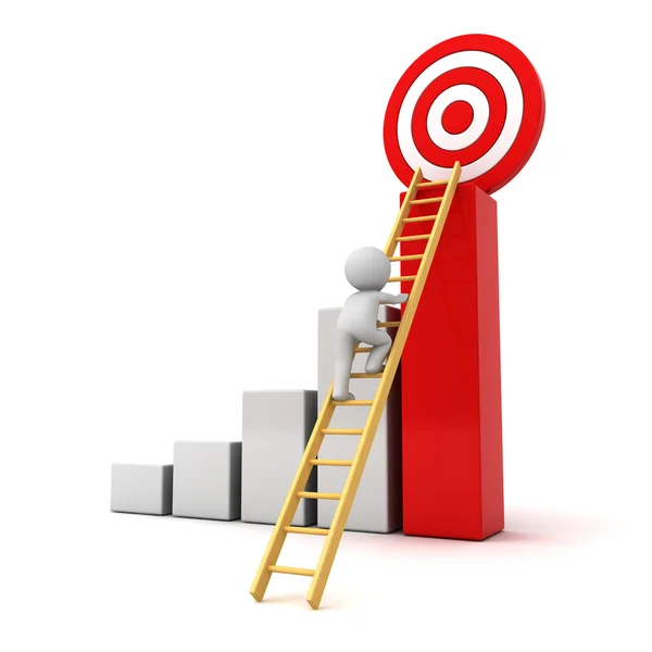 3D Man climbing ladder to the red goal target on top of successful graph , Business goal concept isolated over white — Stock Photo, Image