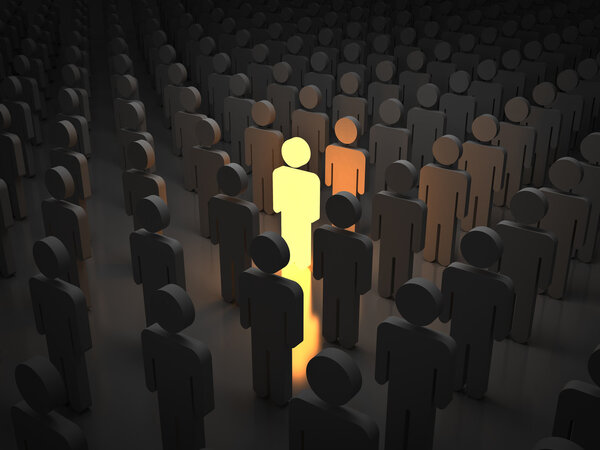 Выделиться из толпы и различные концепции, один свет человек стоит с распростертыми объятьями с другой
