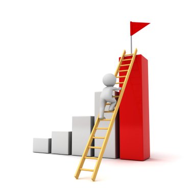 3d man climbing ladder to the red flag on top of successful graph , Business goal concept isolated over white