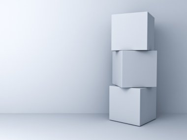 Blank three 3d boxes concept standing over white wall