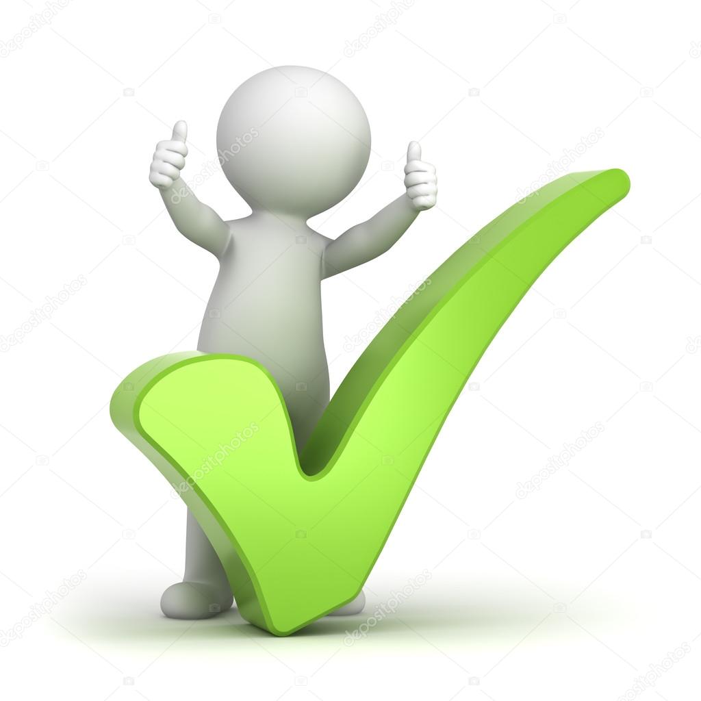 3d man showing thumbs up with green check mark over white