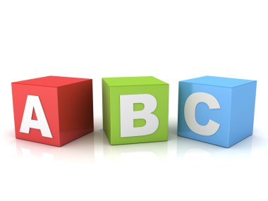 Beyaz arka plan üzerinde kırmızı yeşil mavi kutu bir b c harfler izole 3d