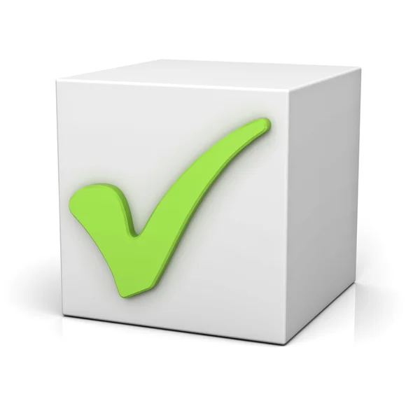 Green check mark sign on white box isolated over white background — Stock Photo, Image