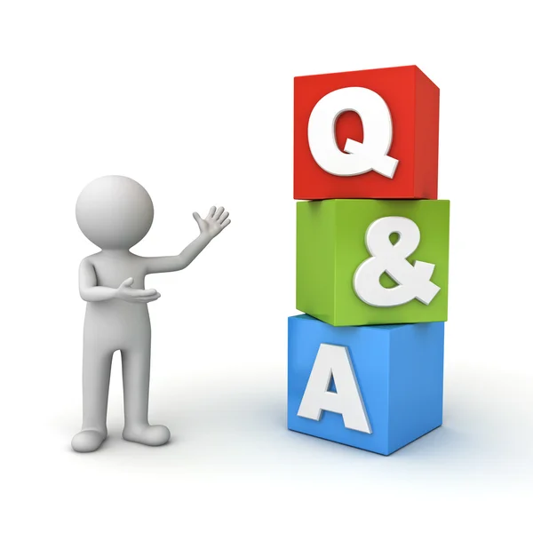 3d man standing and presenting Q and A word questions and answers concept isolated over white — Stock Photo, Image