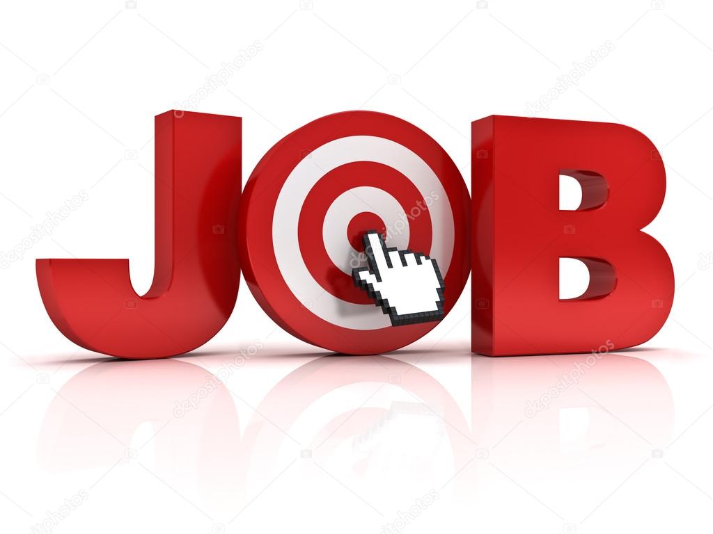 Target job search concept , Red job word with hand cursor mouse clicking in the center of dart board isolated over