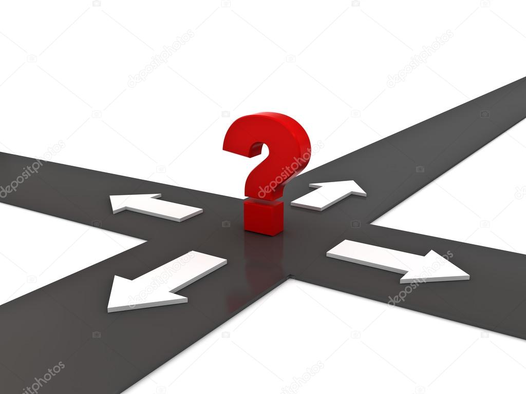 Question mark on the crossroad with four arrow directions