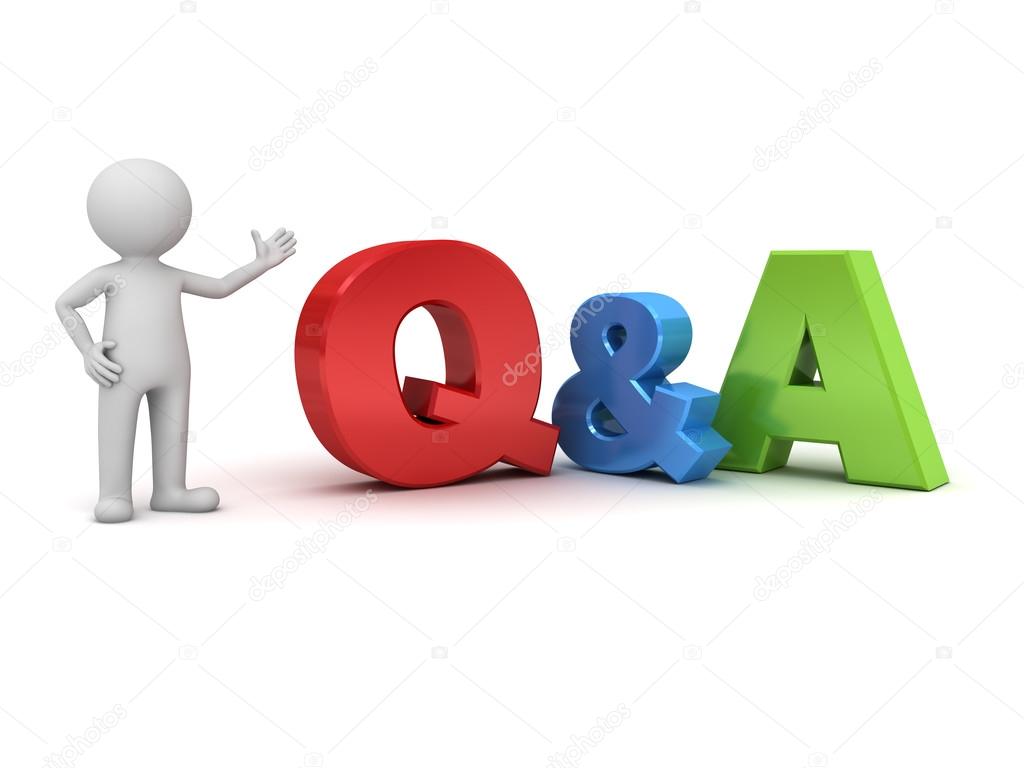 3d man standing and presenting Q and A word questions and answers concept isolated over white