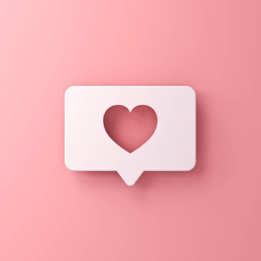 Kalp deliği şekilli beyaz kağıt gibi aşk sosyal medya bildirim simgesi kesme veya pembe pastel renkli duvar arkaplanı üzerinde kalp deliği konuşma balonu gölge en düşük kavramsal 3D görüntüleme