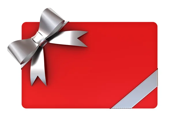 Carte cadeau vierge rouge avec rubans argentés et arc isolé sur blanc — Photo