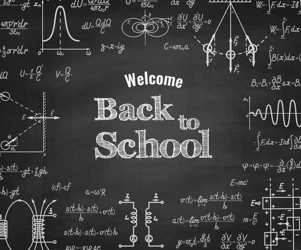 Willkommen zurück in die Schule mit Formel auf Tafel. — Stockvektor