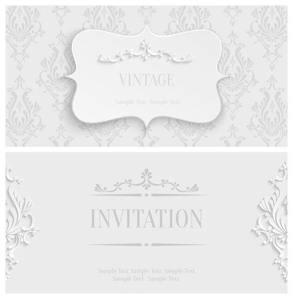 Vector White 3d Vintage Invitation Card with Floral Damask Pattern — Stock Vector