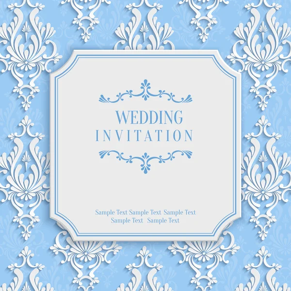 Vector Blue Vintage Invitation Card with 3d Floral Damask Pattern — Stock Vector