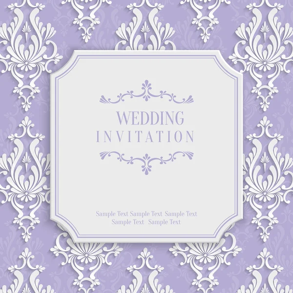 Vector Violet 3d Vintage Invitation Card with Floral Damask Pattern — Stock Vector