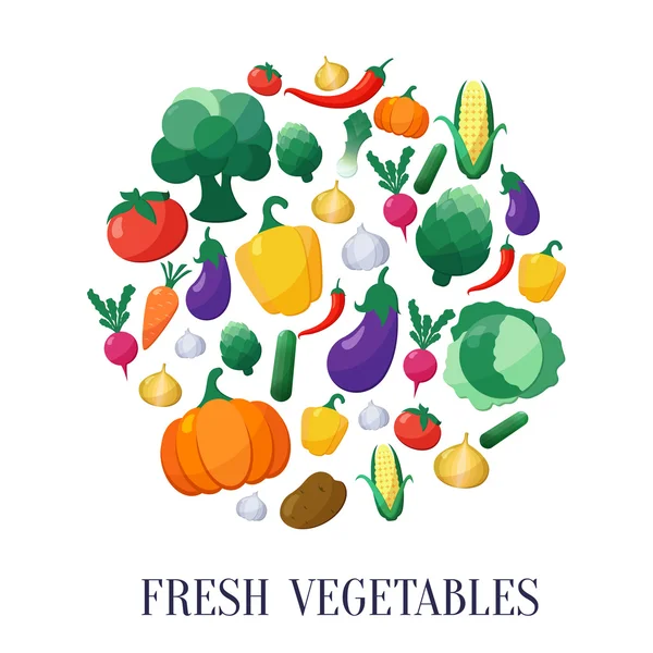 Vector Vegetables Flat Style Icons Set in Circle Shape — Vetor de Stock