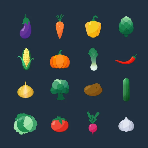Vector Icons Vegetables Flat Style Set Isolated over Dark Background — Vetor de Stock