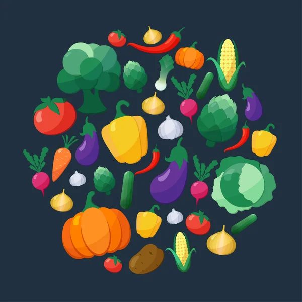 Vector Vegetables Flat Style Icons Set in Circle Shape over Dark Background — Vetor de Stock