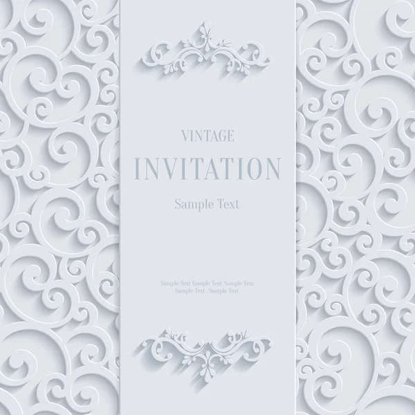 Vector White 3d Vintage Invitation Card with Swirl Damask Pattern — Stockvector