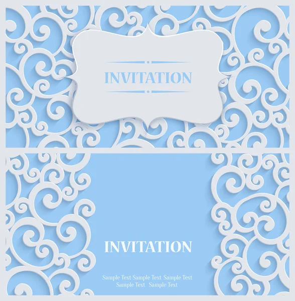 Vector Blue 3d Vintage Invitation Card with Floral Damask Pattern — Stock Vector