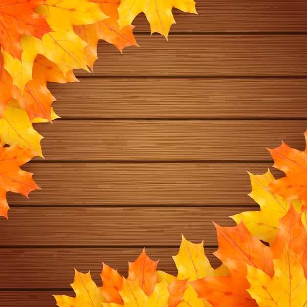 Otoño vector fondo con hojas de arces realistas en tablero de madera — Vector de stock