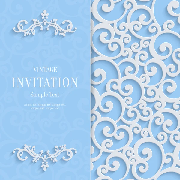 Vector Blue 3d Vintage uitnodigingskaart met Swirl Damask patroon — Stockvector