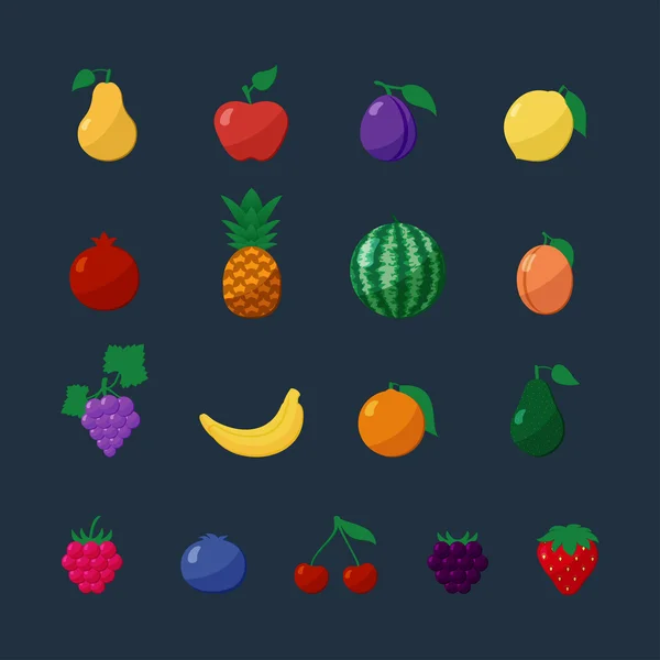 Vektor-Icons Früchte und Beeren in flache Set über dunklem Hintergrund isoliert — Stockvektor