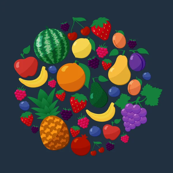 Векторні фрукти та ягоди Плоский стиль значки встановлені у формі кола над темним тлом Ліцензійні Стокові Ілюстрації