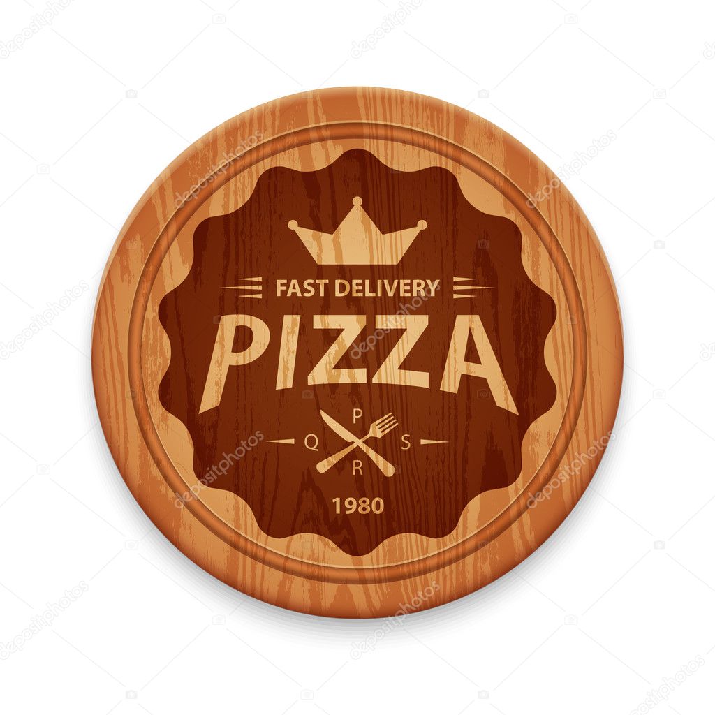 Pizza hipster label or badge on round cutting board, vector design template