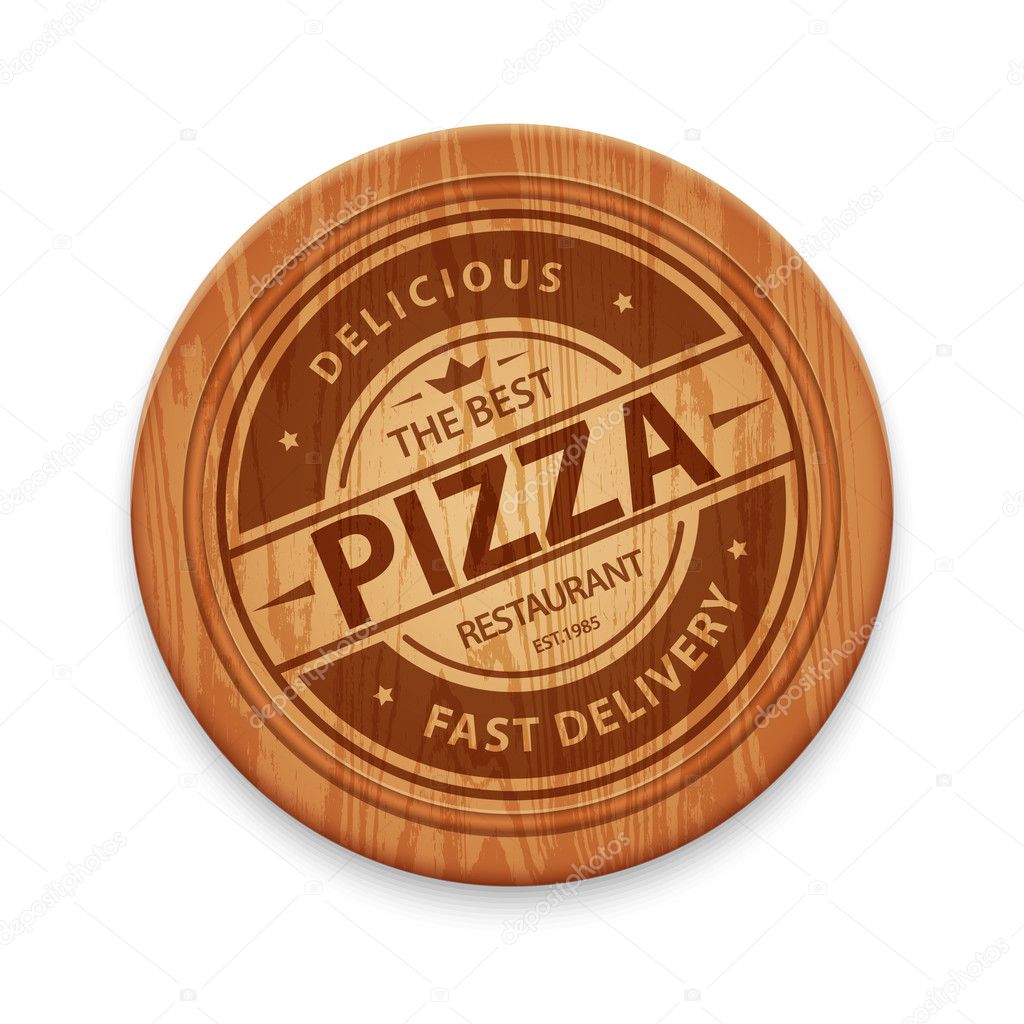 Vector pizza restaurant logo on wooden cutting board, isolated on white background