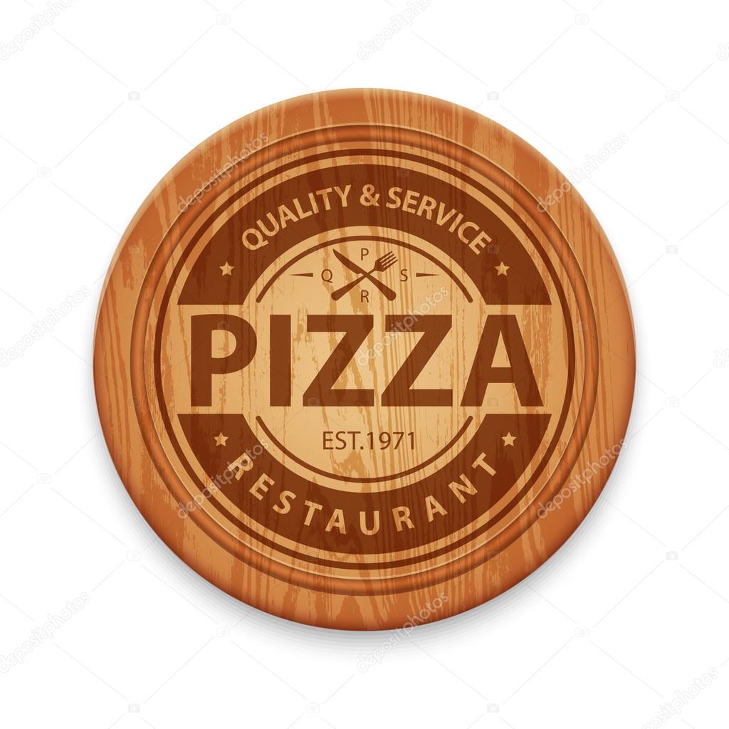 Vector pizza restaurant label on wooden round cutting board