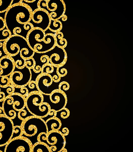 Διανυσματικά μπούκλα Glitter χρυσό προσκλητήριο με στροβιλισμού Damask σχέδιο σε μαύρο φόντο — Διανυσματικό Αρχείο