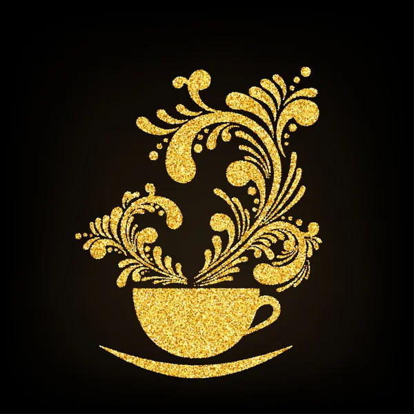 Vector Gold Glitter Cup of Coffee with Floral Aroma on Black Background — Stock Vector