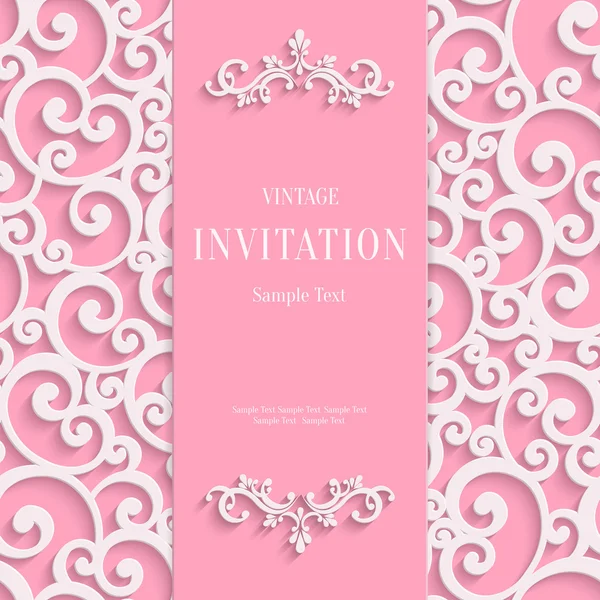 Vector Pink 3d Vintage Invitation Card with Swirl Damask Pattern — Stockvector