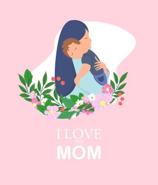Anne ve oğlu. Anneler günü kartı, geçmiş. Çiçek vektör resimli anne ve oğlu. Annemi seviyorum..
