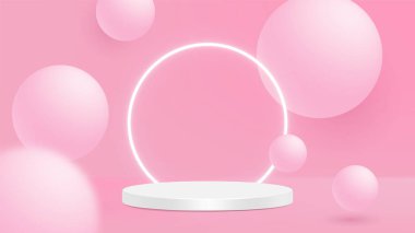 Akan beyaz ve pembe yumuşak küreler. Vektör gerçekçi illüstrasyon. Üç boyutlu geometrik şekilli soyut bir arkaplan. Modern kapak tasarımı. Afişi ya da broşürü ekler. Dinamik duvar kağıdı