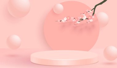 Geometrik formlarla soyut asgari sahne. Pembe arka planda pembe sakura çiçekli silindir podyum. ürün sunumu, modelleme, ürün, podyum, sahne kaidesi veya platformu. 3d vektörü
