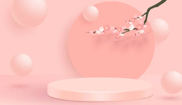 Geometrik formlarla soyut asgari sahne. Pembe arka planda pembe sakura çiçekli silindir podyum. ürün sunumu, modelleme, ürün, podyum, sahne kaidesi veya platformu. 3d vektörü