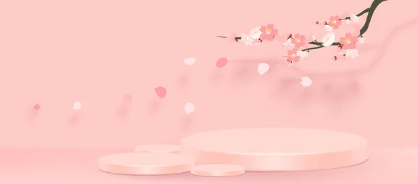 Scena minimale astratta con forme geometriche. podio cilindro in fondo rosa con fiore di sakura rosa. presentazione del prodotto, mockup, spettacolo prodotto, podio, palco piedistallo o piattaforma. vettore 3d — Vettoriale Stock
