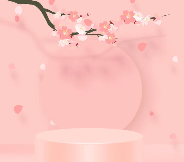 Branch of pink sakura. Japanese cherry tree blossom. Vector Illustration. 3D stand vector background — Stock Vector