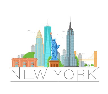 New York şehir mimarisi retro vektör çizimi, Skyline şehir silueti, gökdelen, düz tasarım