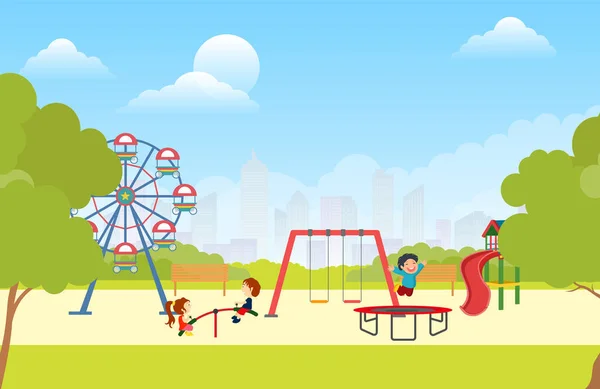 Park vektör illüstrasyonunda oyun ve spor oynayan çocuklar