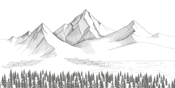 Berglandschaft, Waldkiefern skizzieren. Handgezeichnete Vektor-Illustration. — Stockvektor