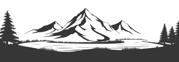 Paysage naturel sauvage avec montagnes, lac, rochers. Illustration convertie en vecteur. Idéal pour les annonces de voyage, brochures, étiquettes, décor flyer, vêtements, impression de t-shirt. Illustration vectorielle — Image vectorielle