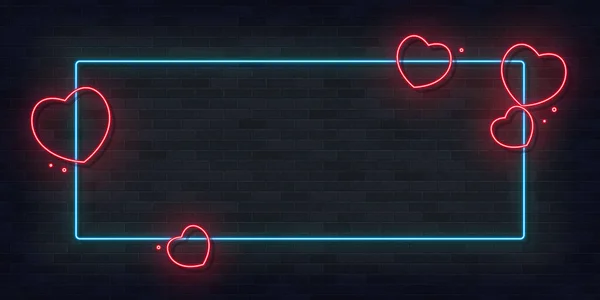 Neon ram med hjärta på tegel vägg bakgrund. Fyrkantig textplats mall. Nattskylt stil. Vektor 10 EPS illustration. — Stock vektor
